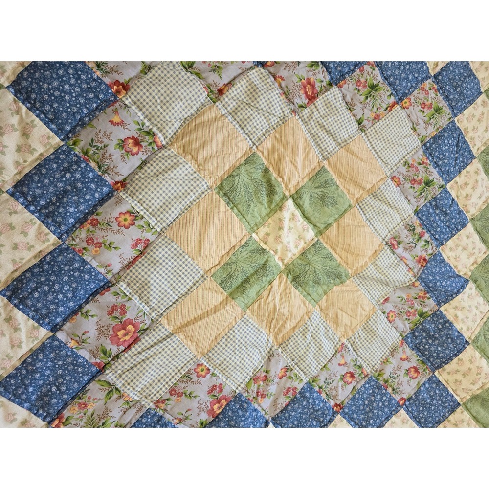 Handmade Patchwork Quilt Floral Gingham Blue Green Yellow Sawtooth Border 81x78 - Picture 5 of 10